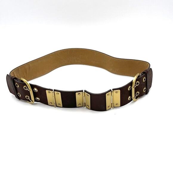BELT brown & metallic gold tone double buckle EUC - Picture 1 of 7